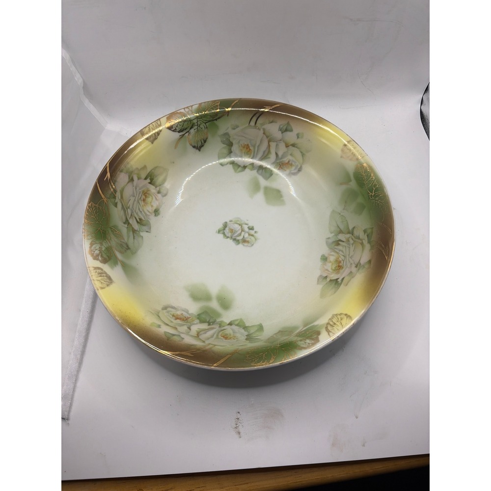 Leuchtenburg Germany Antique Porcelain Serving Bowl White Roses Gold Gilt 10‎ in